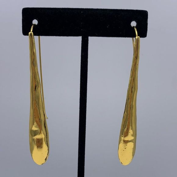 New no tags.  Long drop earrings, hammered gold, minimalist geometric design, - Picture 1 of 4